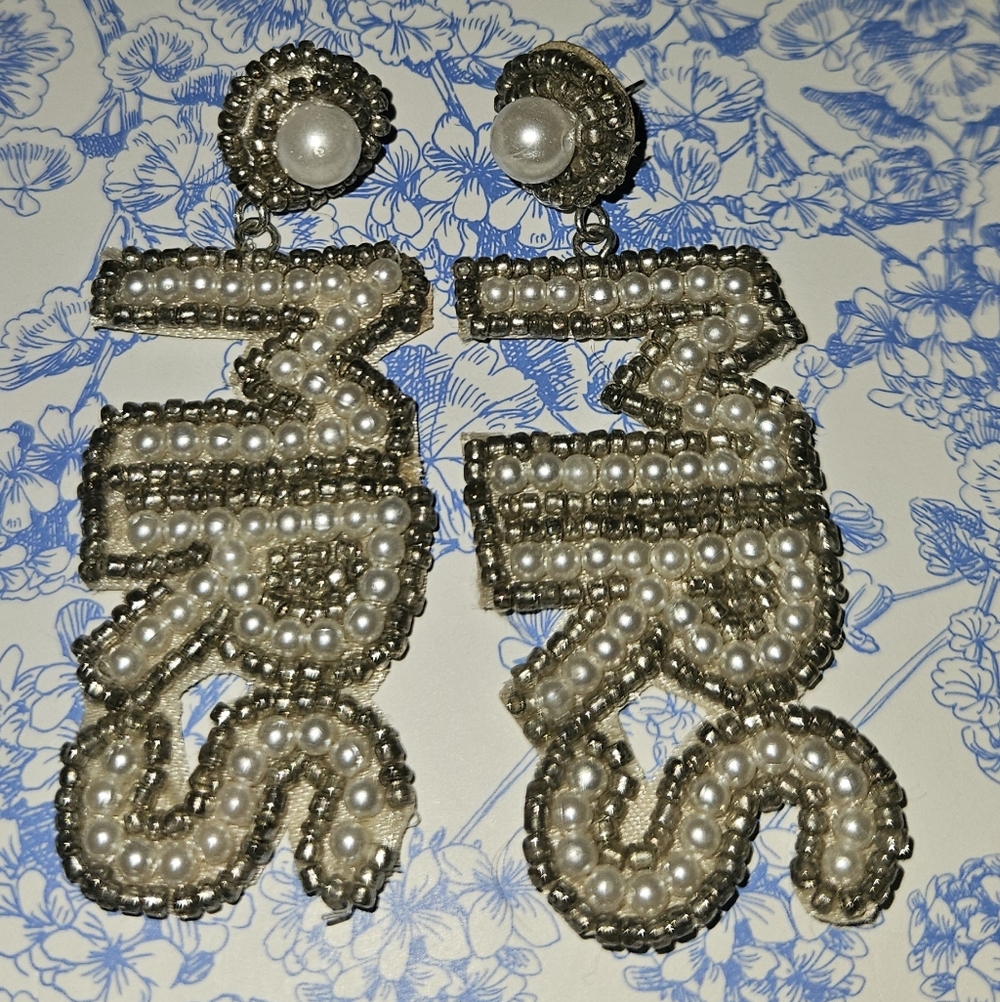 Piper K "Mrs" Beaded Pearl Statement Earrings | Bridal Wedding Earrings | 3" - Picture 1 of 4